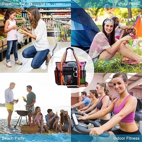 Mesh Beach Bag 40L with 9 Pockets Bag Pool Vacation Travel Picnic Black - Picture 6 of 6